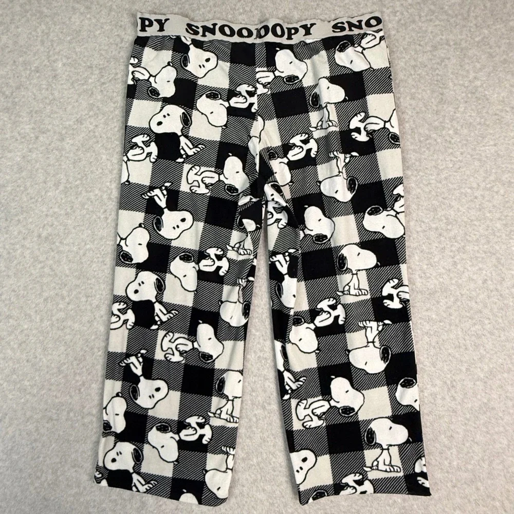 Peanuts Snoopy Pajama Pants Womens Medium Buffalo Plaid Black/White Fleece Pants